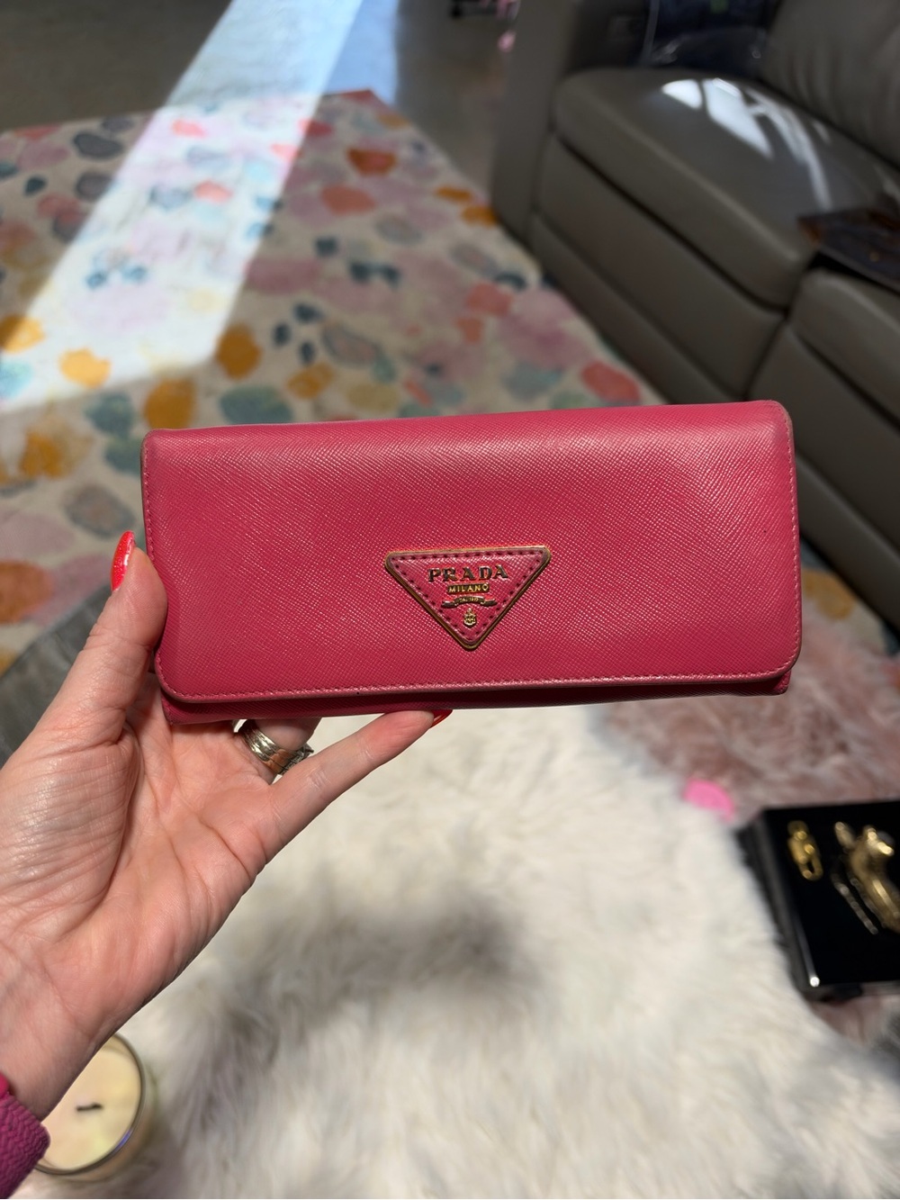 Prada Pink Saffiano Continental Wallet with Gold Logo